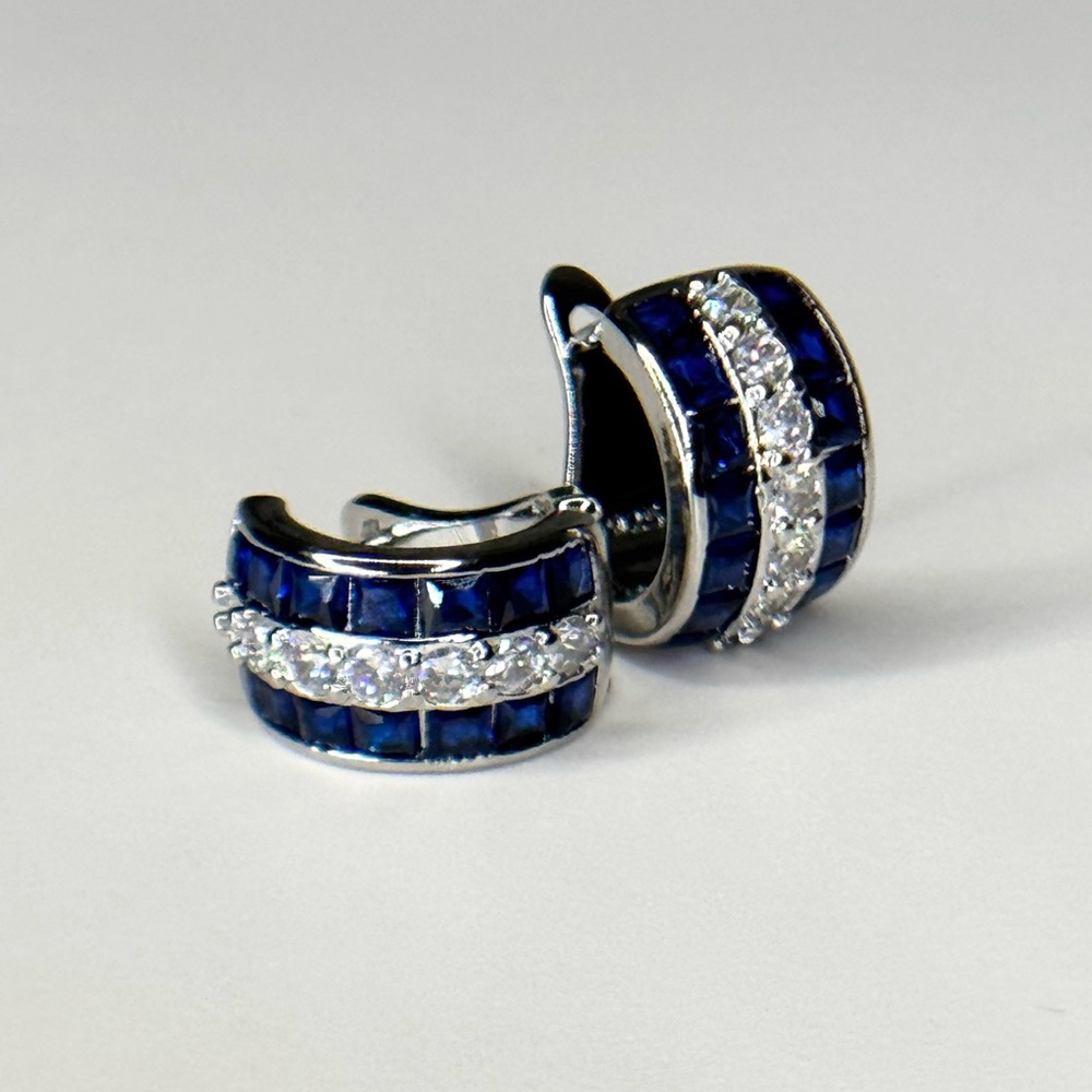Sterling Silver Blue Sapphire and CZ Huggie Hoop Earrings